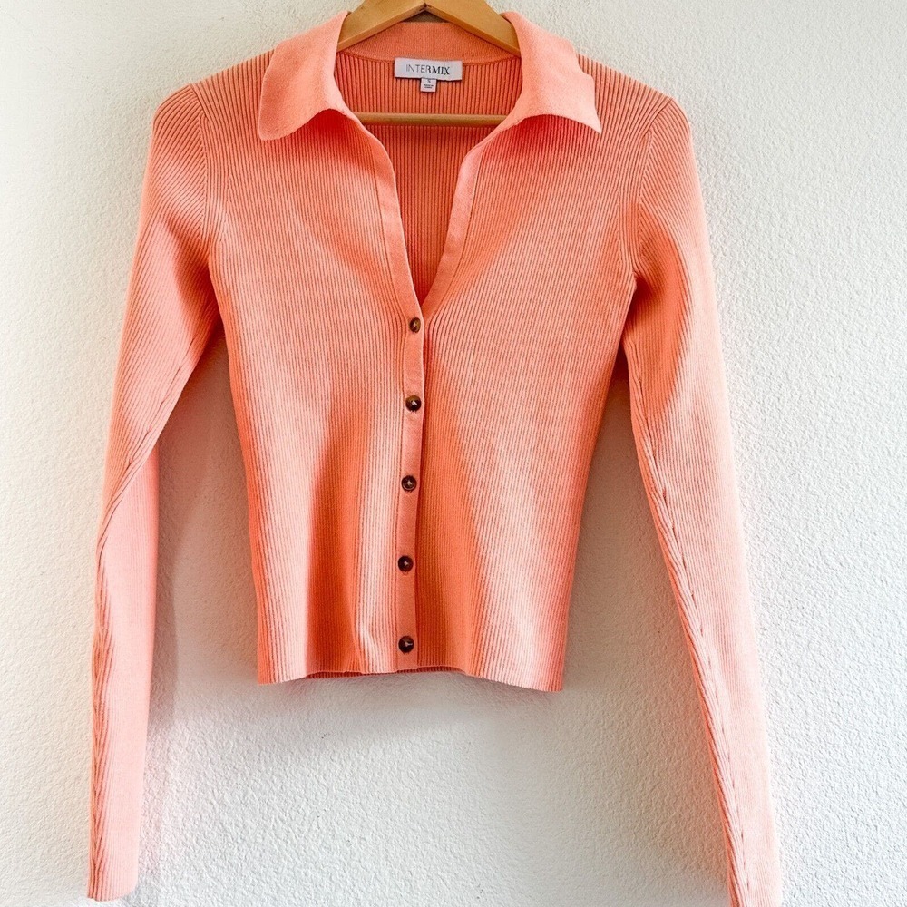 Intermix Audrey Rib Knit Polo Top Orange Salmon Button-Up Collared Sweater - Picture 2 of 8